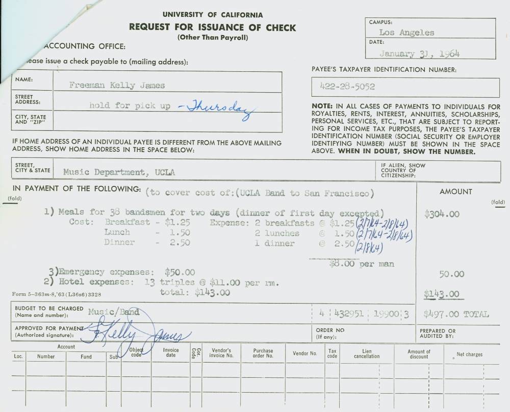 1964 varsity band cal trip check request