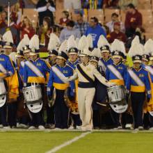 Drum Major Jessica Schlosser hypes up the Band before pregame, UCLA at USC, November 26, 2011